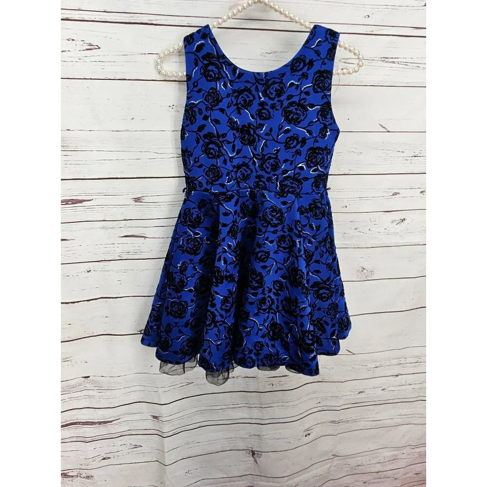Knitworks Girls Blue Black Floral Sleeveless Dress Size 12‎